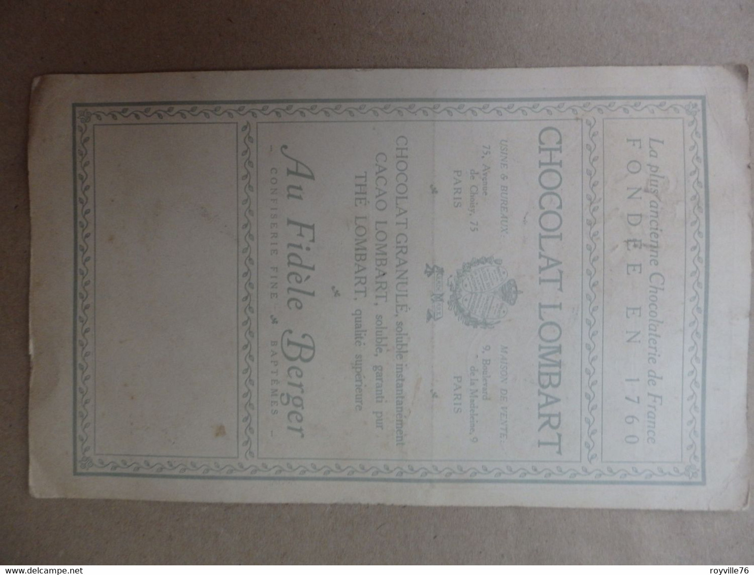 Plaquette Publicitaire Chocolat Lombart Signé Par L'illustrateur René Vincent 1908 - Chocolat