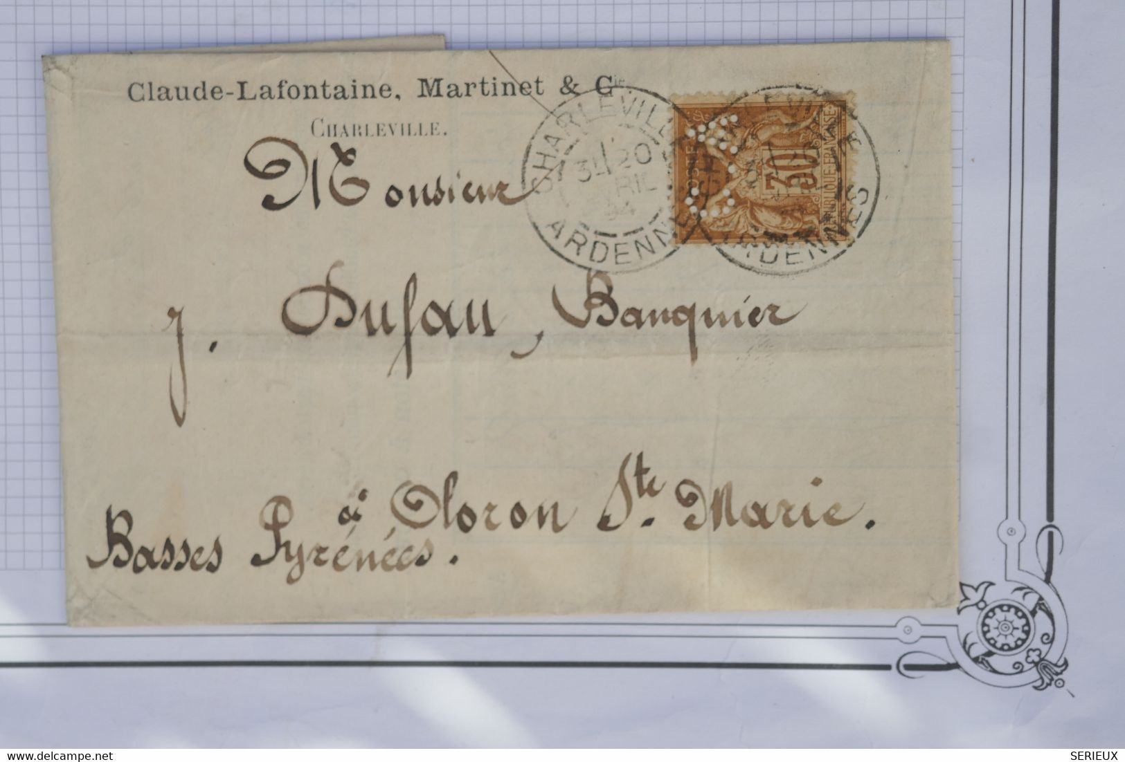 AY3 FRANCE  BELLE LETTRE  1894 CHARLEVILLE   A  OLORON   +++ SAGE 30C PERFORé+++AFFRANCH. PLAISANT - Covers & Documents