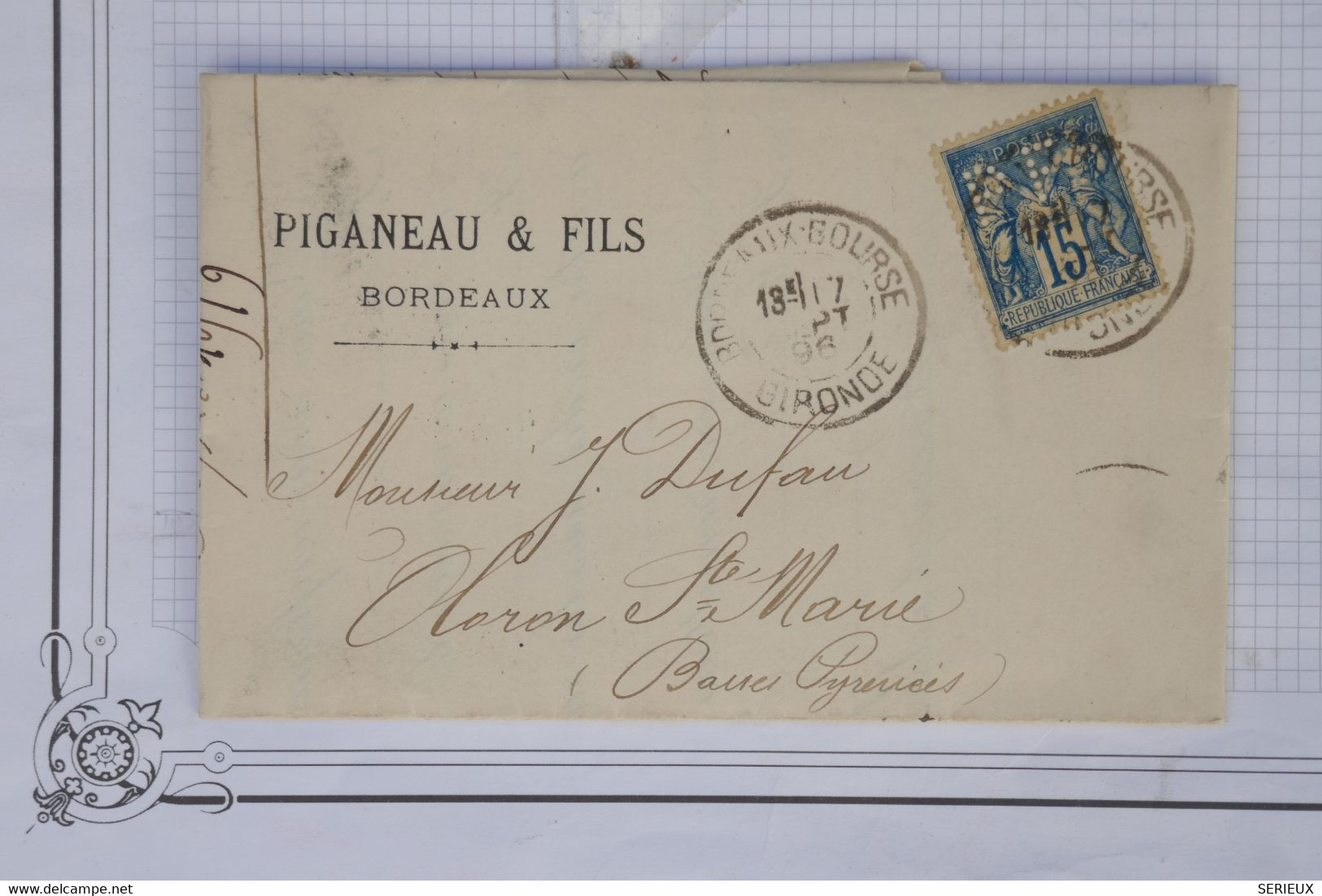 AY3 FRANCE  BELLE LETTRE  1896 BORDEAUX    A  OLORON   +++ SAGE 15C PERFORé+++AFFRANCH. PLAISANT - Lettres & Documents