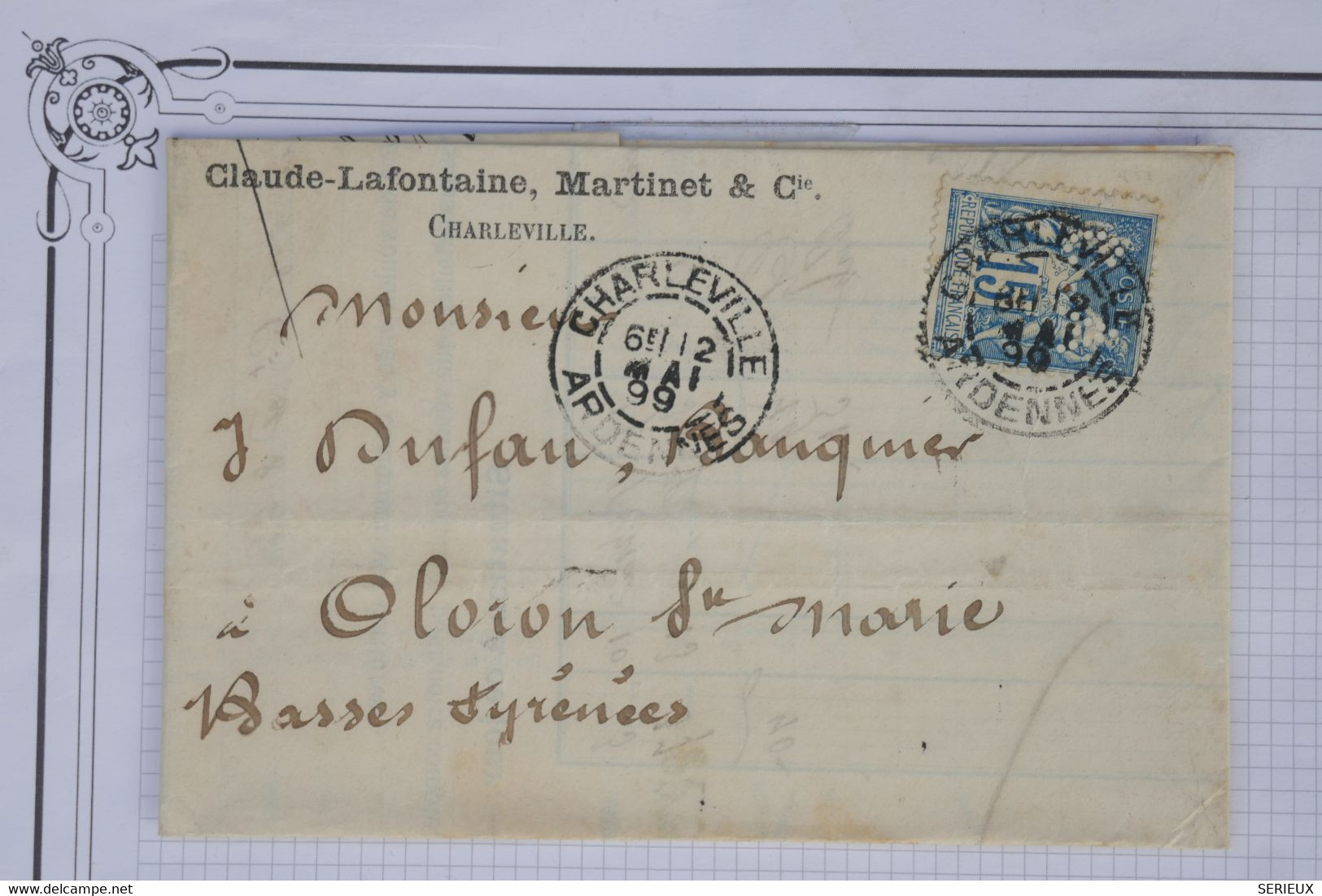 AY3 FRANCE  BELLE LETTRE  1899  CHARLEVILLE  A  OLORON   +++ SAGE  15 C PERFORé+++AFFRANCH. PLAISANT - Covers & Documents