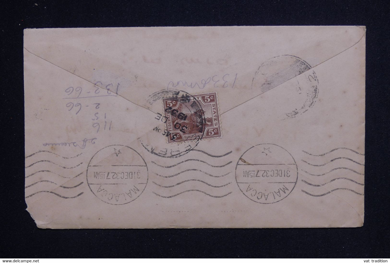 MALAISIE - Enveloppe Pour Malaca En 1932, Affranchissement Au Verso - L 124398 - Federated Malay States