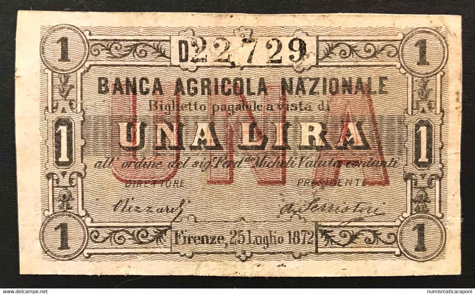 Banca Agricola Nazionale Firenze 25 07 1872 1 Lira Gav.02.008 Rara Abrasioni Al Retro E Tracce Di Nastro Bb Lotto.1299 - 50 Lire