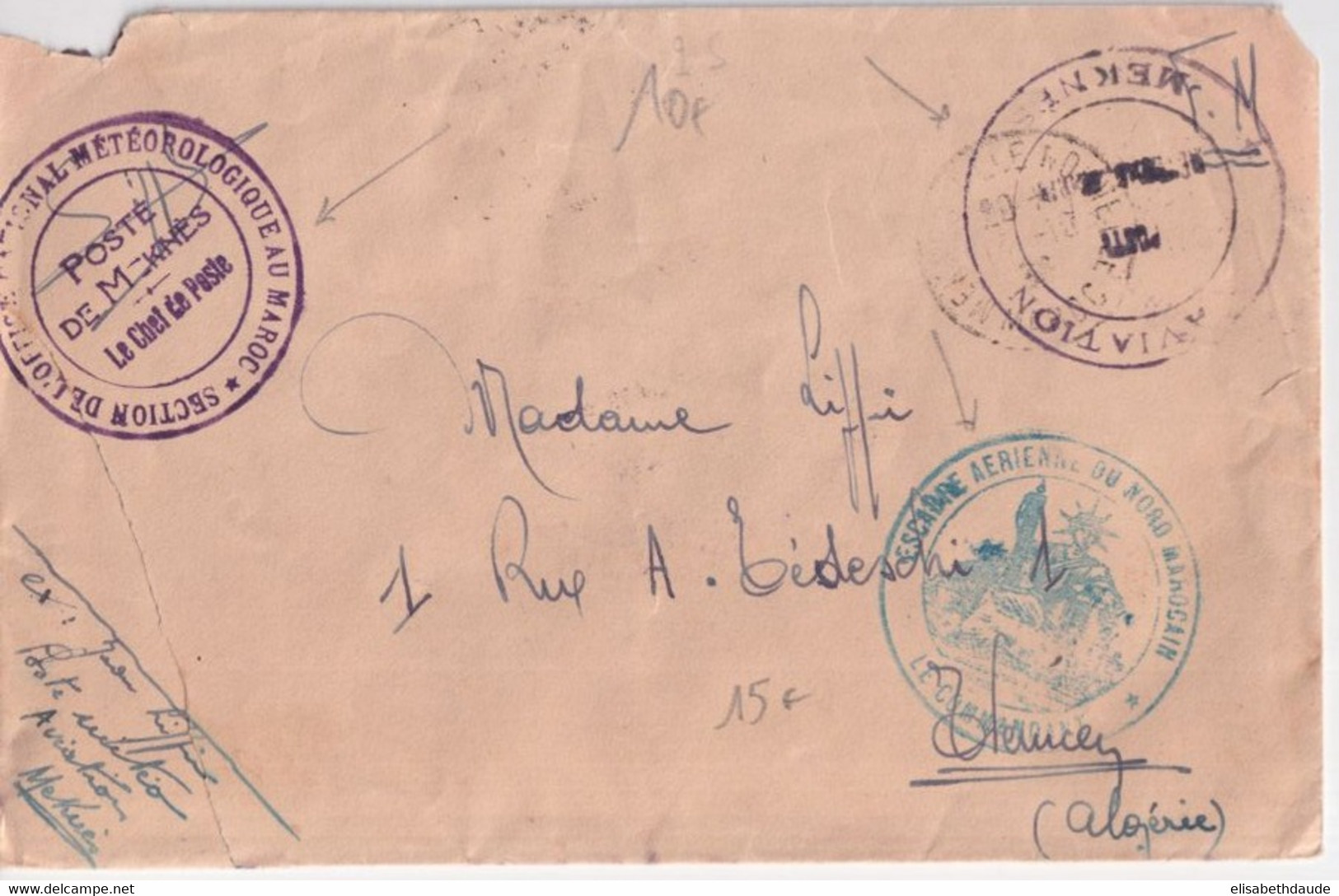 1936 - MAROC AVIATION ! - ENVELOPPE FM Du SERVICE METEOROLOGIQUE ! / ESCADRE AERIENNE ! De MEKNES => TLEMCEN (ALGERIE) - Poste Aérienne Militaire