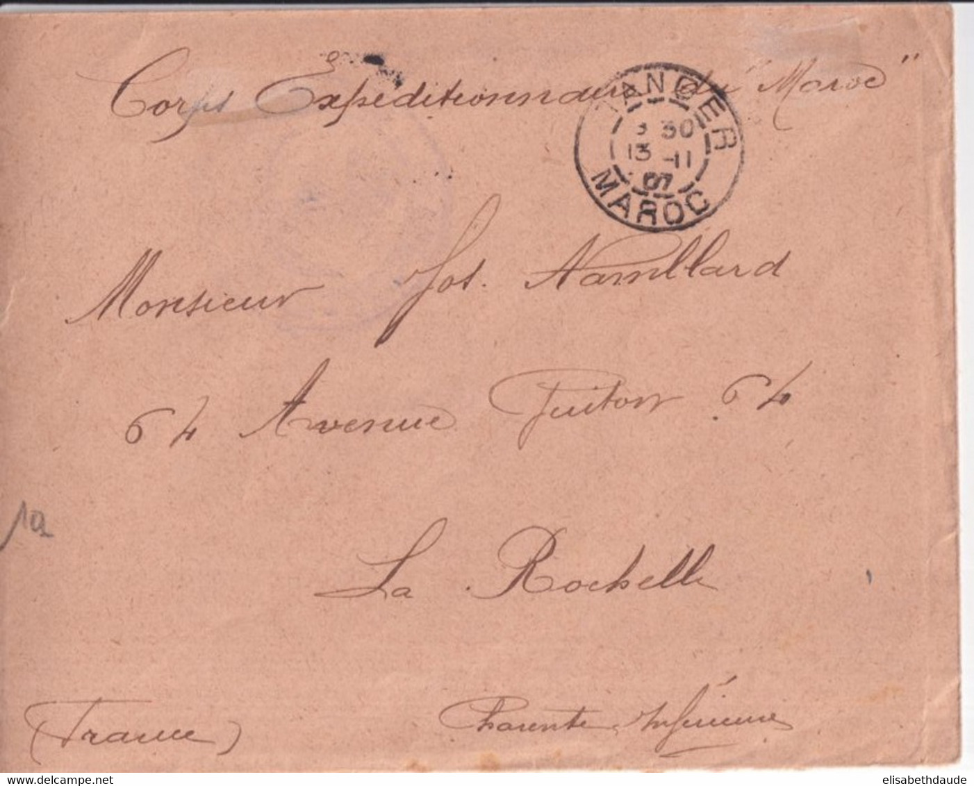 1907 - MAROC CORPS EXPEDITIONNAIRE ! - ENVELOPPE FM De TANGER => LA ROCHELLE - Military Postmarks From 1900 (out Of Wars Periods)