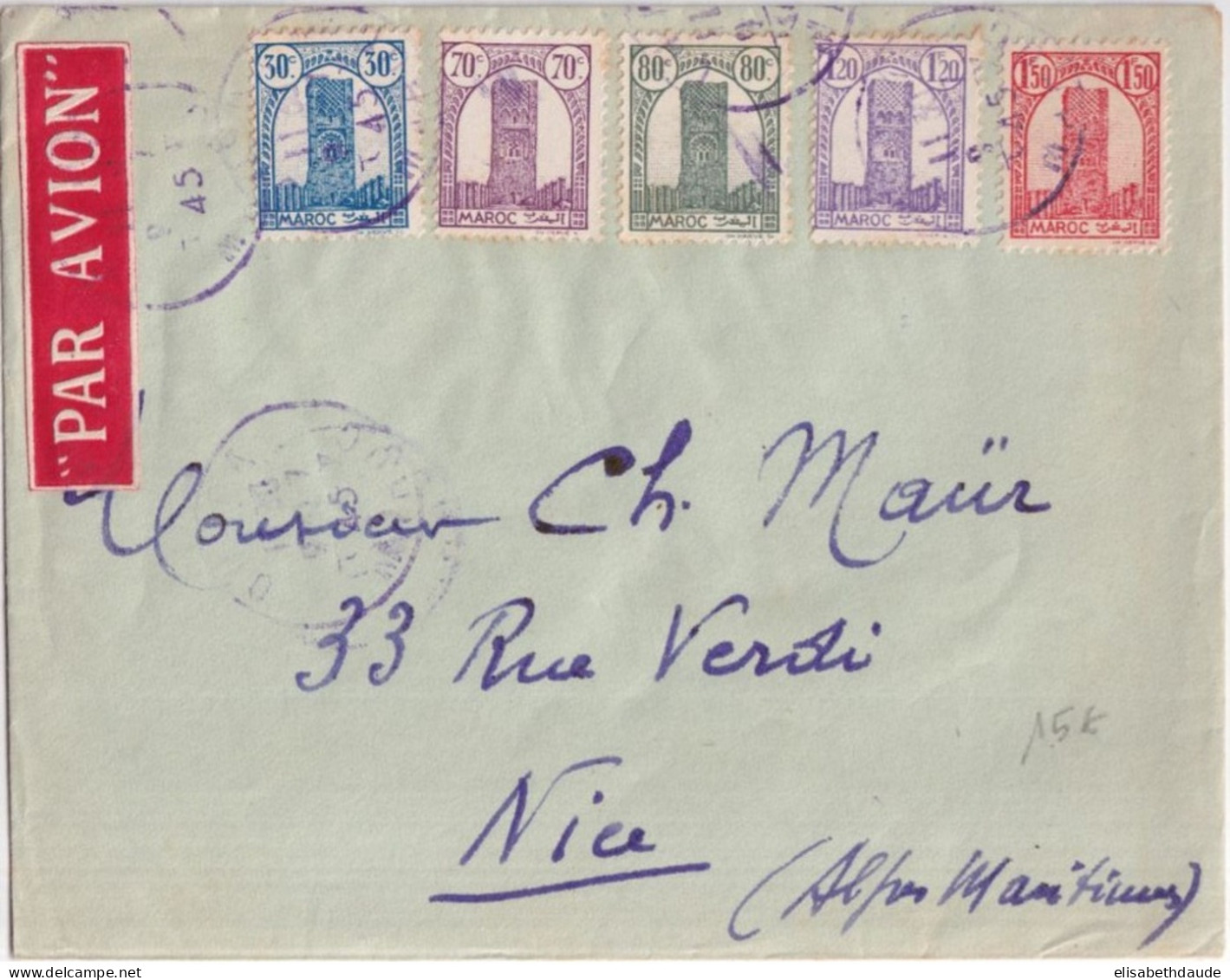 1945 - MAROC - ENVELOPPE AVION Avec OBLITERATION VIOLETTE ! De OUDJA => NICE - Covers & Documents