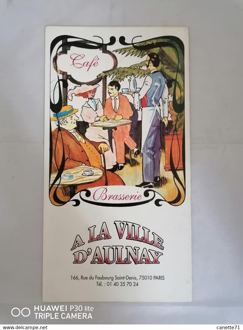 Carte Menu Brasserie "A La Ville D'Aulnay"  Paris 10è  (environ Année 1980) - Menus