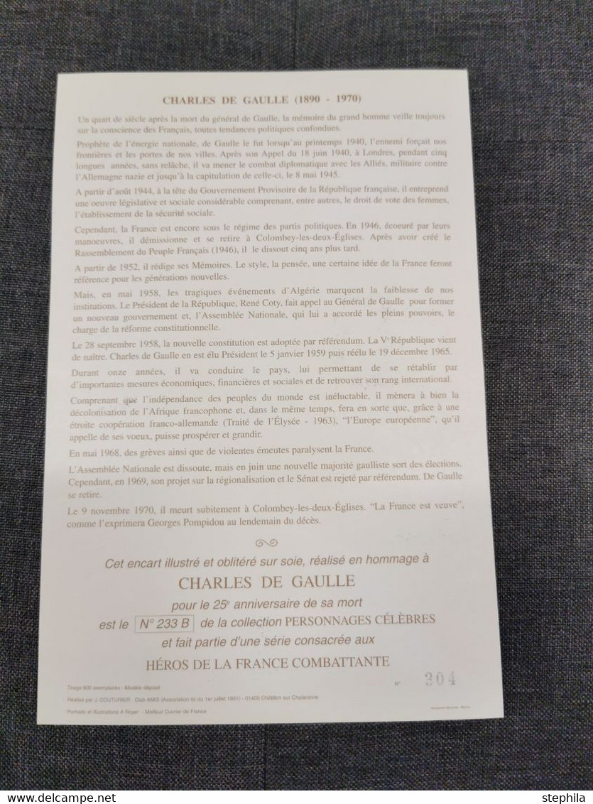 ⭐ FRANCE FDC Général De Gaulle Anniversaire Mort 1995 ENCART SOIE Limité 800 EX N°té Timbre 1er Jour ⭐ Poste - 1990-1999