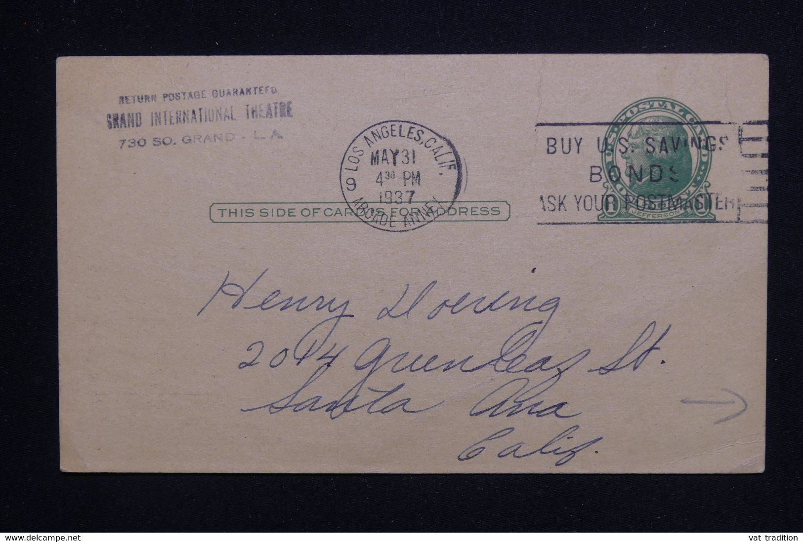 ETATS UNIS - Entier Postal De Los Angeles Avec Repiquage Commercial Au Verso Pour Santa Ana En 1937  - L 124439 - 1921-40
