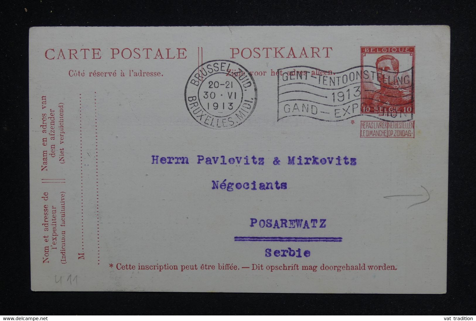 BELGIQUE - Entier Postal Commerciale De Bruxelles Pour La Serbie En 1913 - L 124465 - Briefkaarten 1909-1934