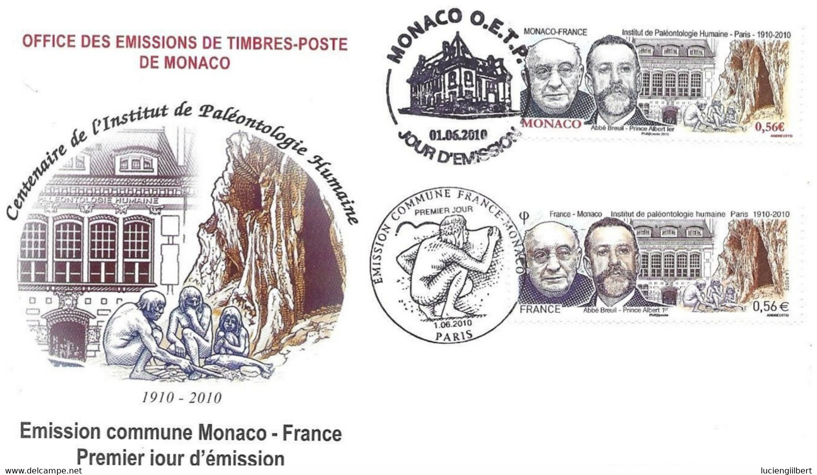 MONACO  -    1ER JOUR  -  EMISSION COMMUNE MONACO FRANCE  -  CENTENAIRE INSTITUT DE PALEONTOLOGIE   -  2010 - Brieven En Documenten