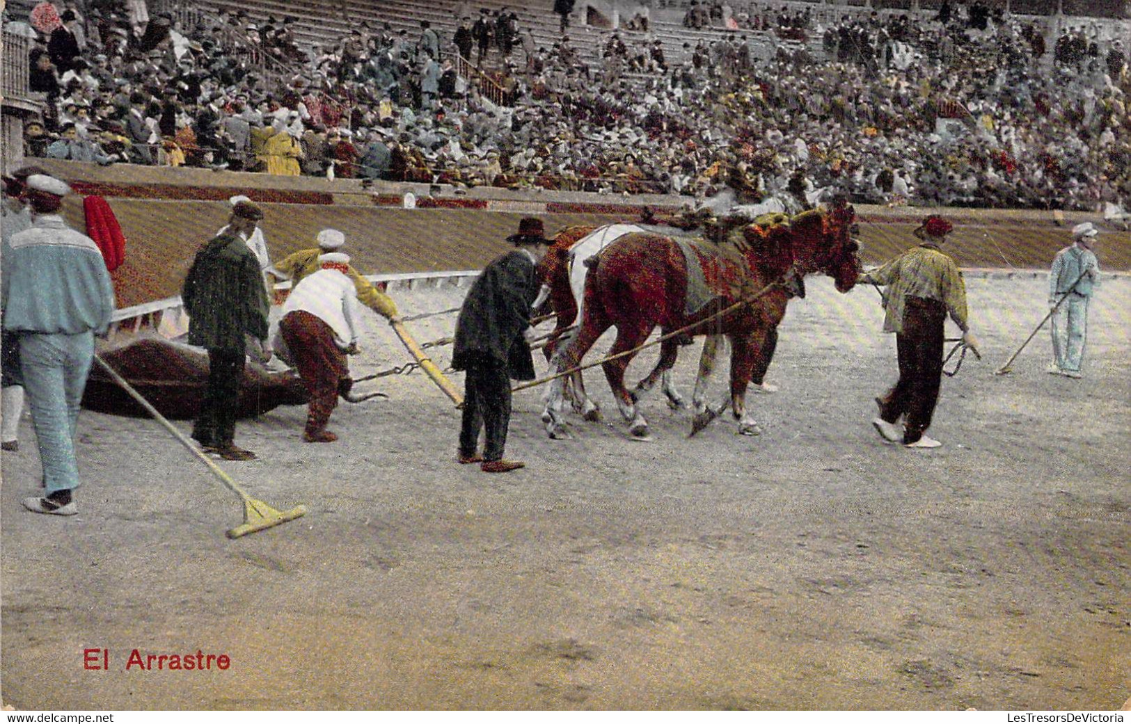 CPA Colorisée- Corrida De Toros - El Arrastre - Toreador - Arêne - Taureau - Cheval - Corridas