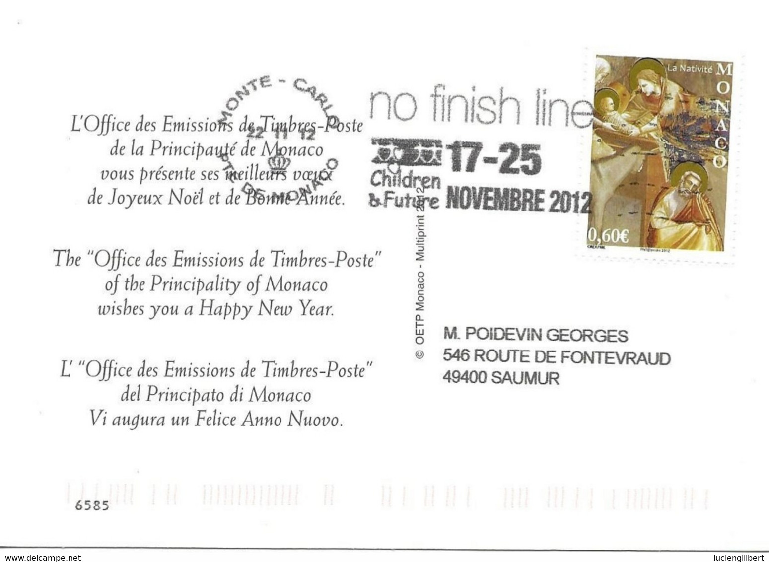 MONACO  -   MONTE CARLO  -   TIMBRE   LA NATIVITE   -    2012 - FLAMME CHILDREN & FUTURE - Lettres & Documents