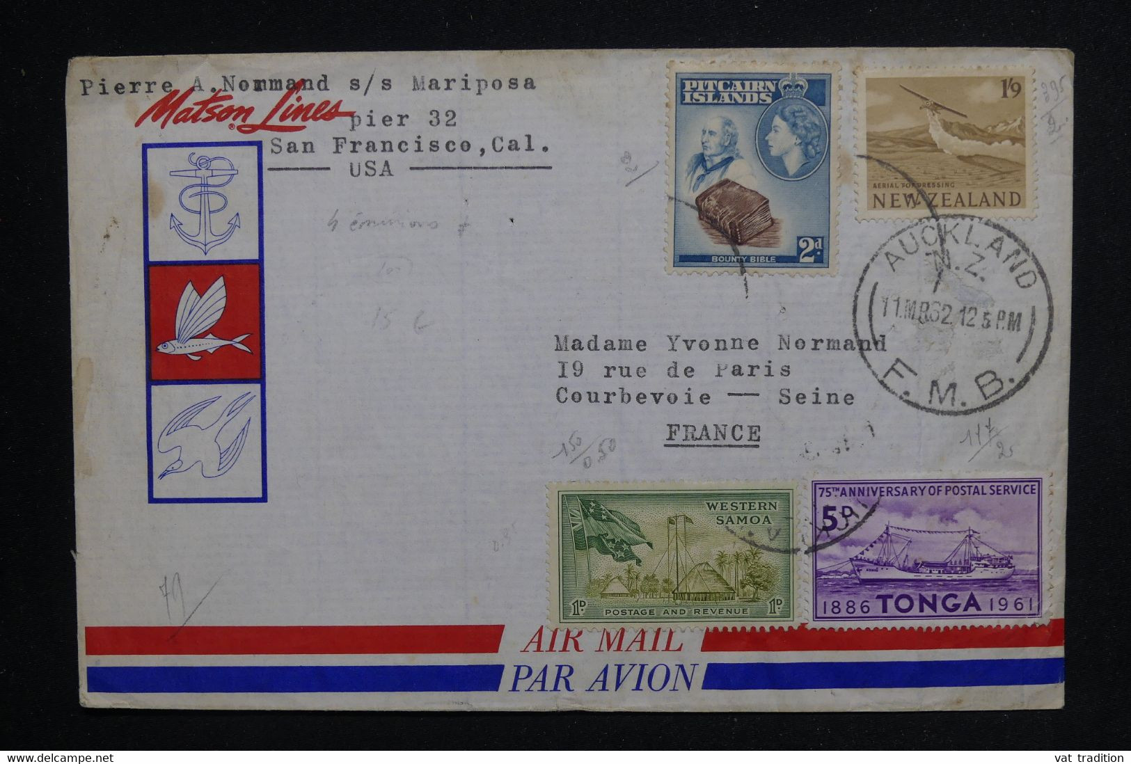 NOUVELLE ZÉLANDE - Enveloppe De Auckland Pour La France En 1962 Avec Divers Timbres Rajouté - L 124541 - Storia Postale