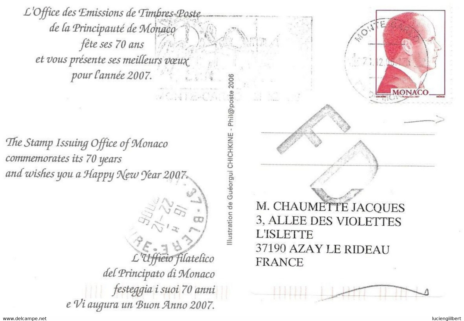 MONACO  -   MONTE CARLO  -   TIMBRE N° 2562 -   TARIF DU 1 10 06 AU 28 2 08 -  -  2006 - GRAVURE S.A.S. PRINCE ALBERT II - Cartas & Documentos