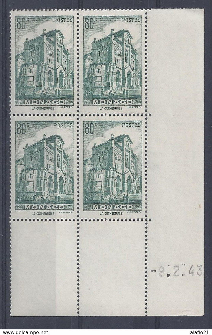 MONACO N° 255 - CATHEDRALE - Bloc De 4 COIN DATE - NEUF SANS CHARNIERE - 9/2/43 - Unused Stamps