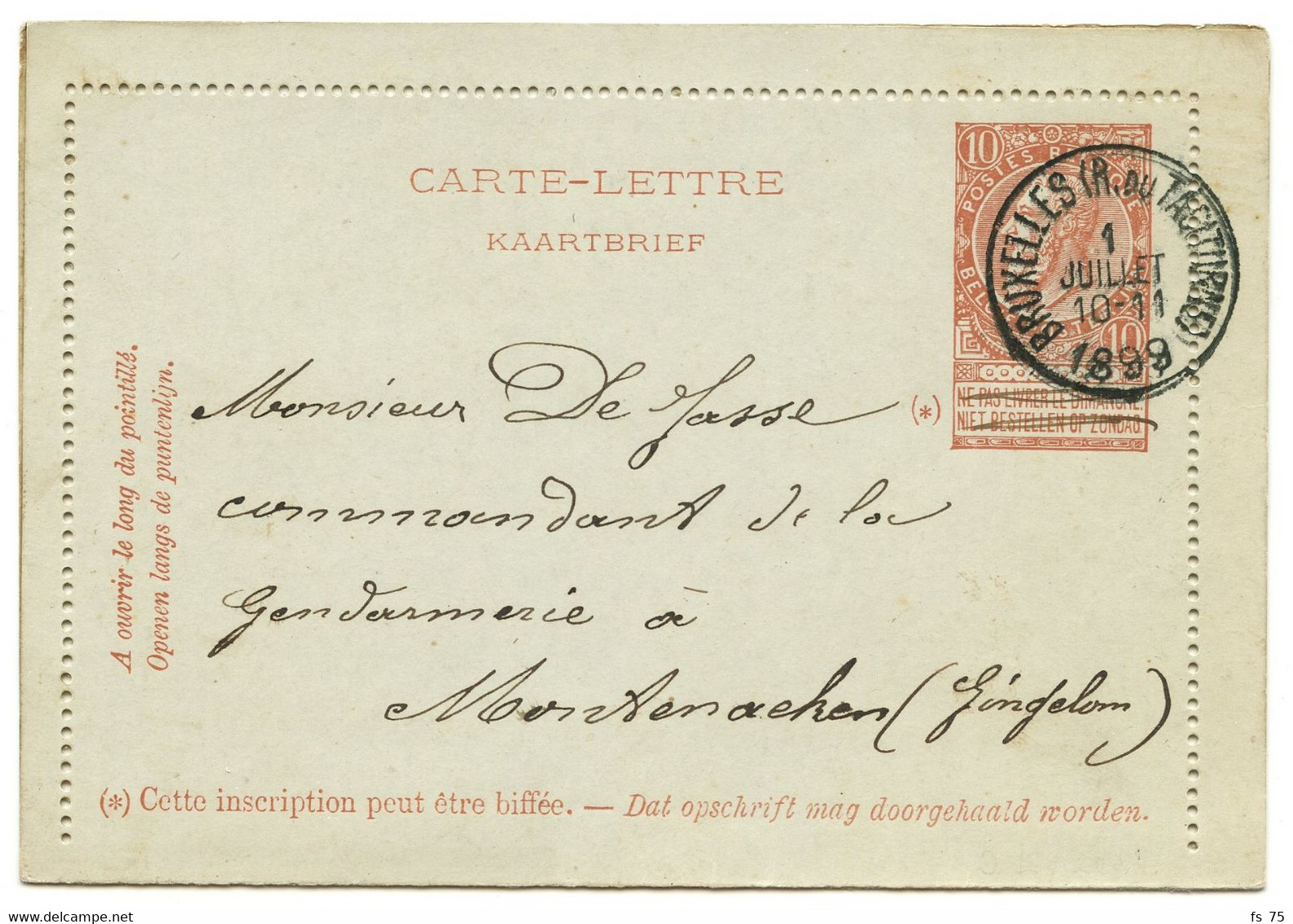 BELGIQUE -  ENTIER CARTE LETTRE 10C BRUN FINE BARBE SIMPLE CERCLE BRUXELLES (R. DU TACITURNE), 1899 - Kartenbriefe