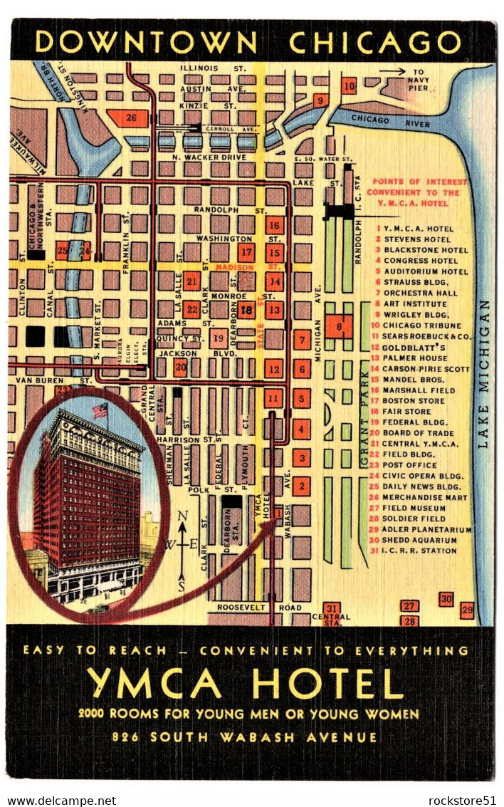 YMCA Hotel Wabash Ave Chicago Map Card - Chicago