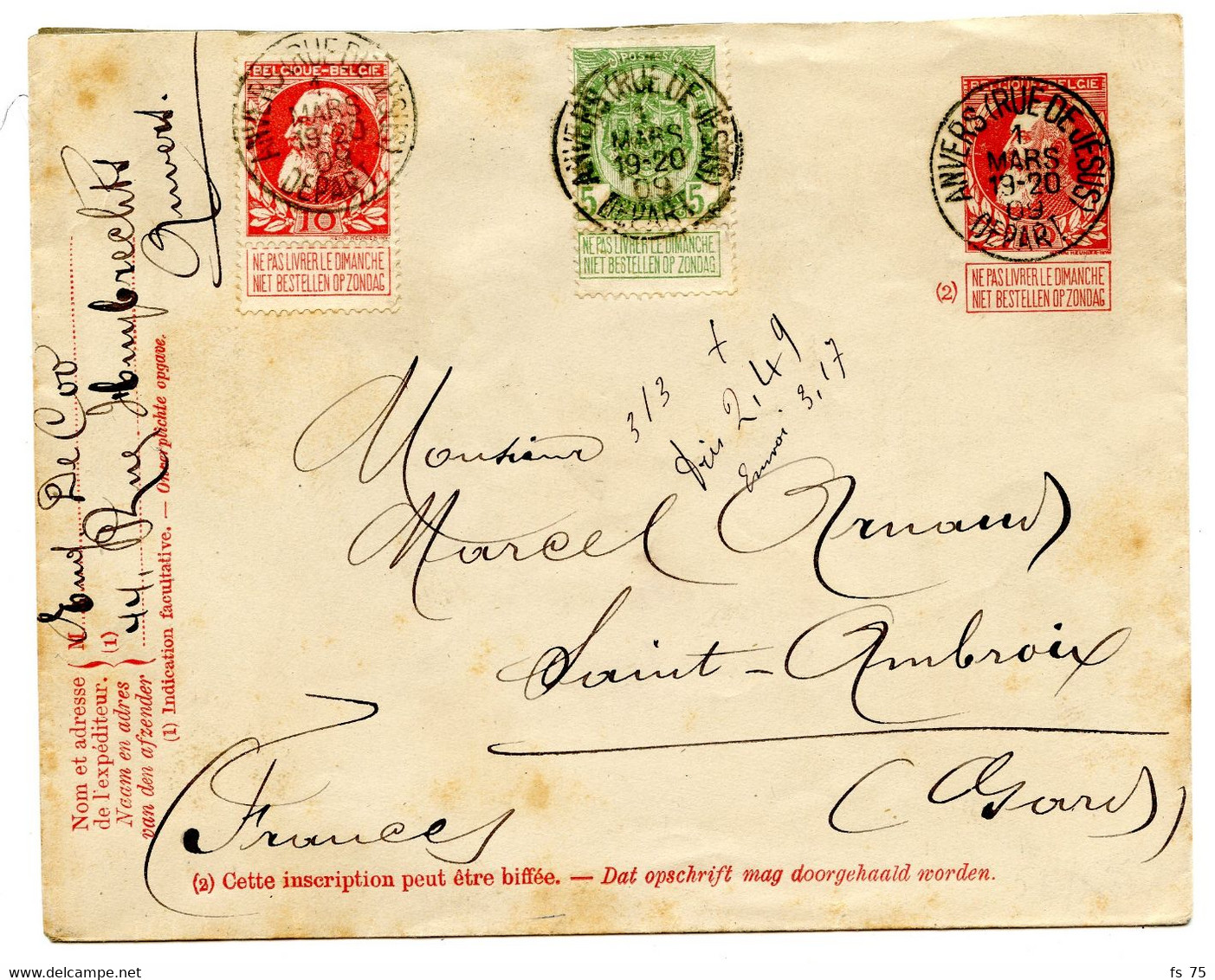 BELGIQUE -  COB 56+74 SUR ENVELOPPE 10C GROSSE BARBE SIMPLE CERCLE ANVERS (RUE DE JESUS), 1909 - Enveloppes