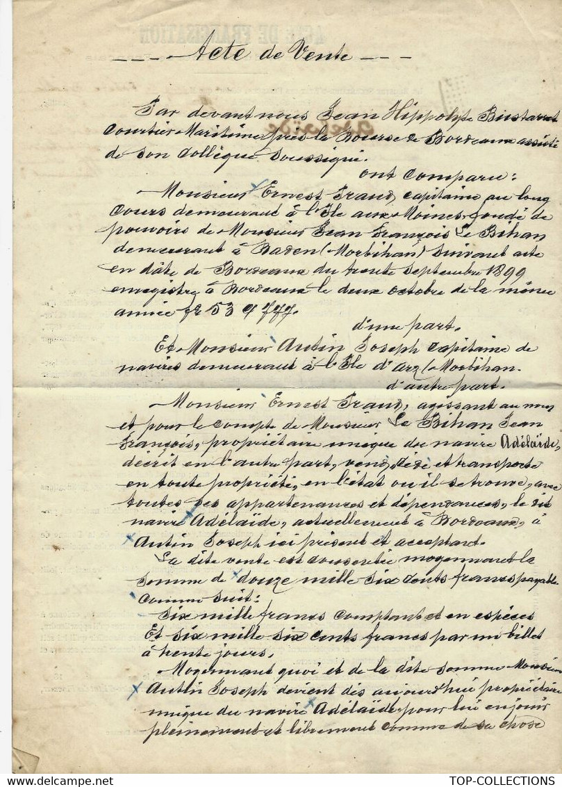 1893 NAVIGATION  FRANCISATION VENTE NAVIRE BATEAU  BRICK ADELAIDE Bordeaux B.E. Par LE BIHAN BADEN Morbihan SCANS - 1800 – 1899