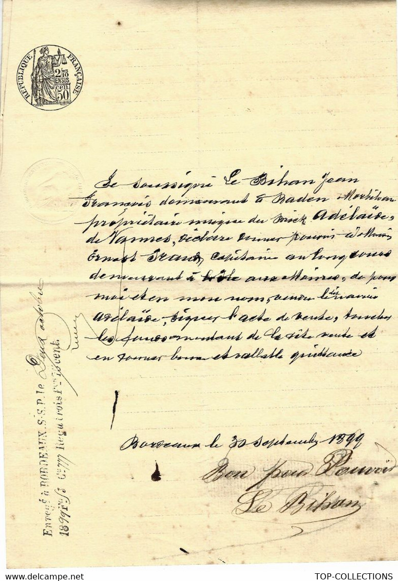 1893 NAVIGATION  FRANCISATION VENTE NAVIRE BATEAU  BRICK ADELAIDE Bordeaux B.E. par LE BIHAN BADEN Morbihan SCANS