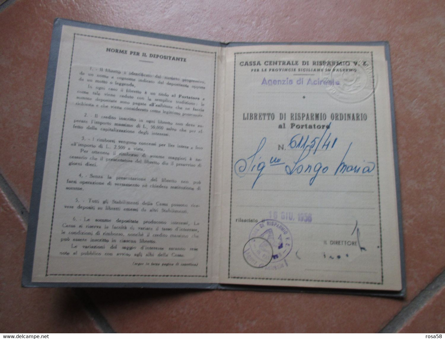 BANCHE Cassa Centrale Risparmio Provincie Siciliane PALERMO Libretto Risparmio Al Portatore 1956 - A - C