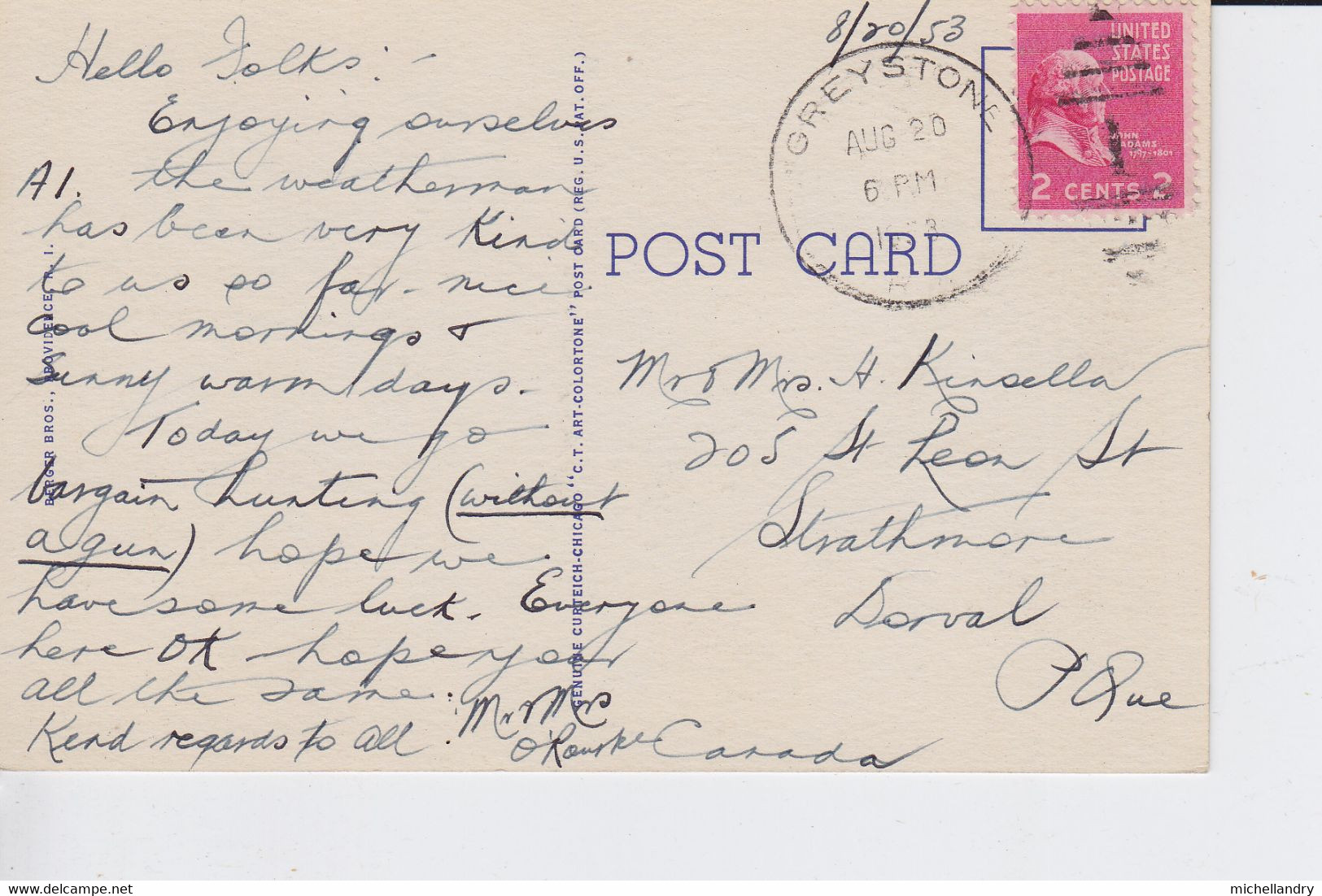 Carte Postal No 8A-H2392, Greystone Aug 20 1953 Stamped 2 Cents US - Providence