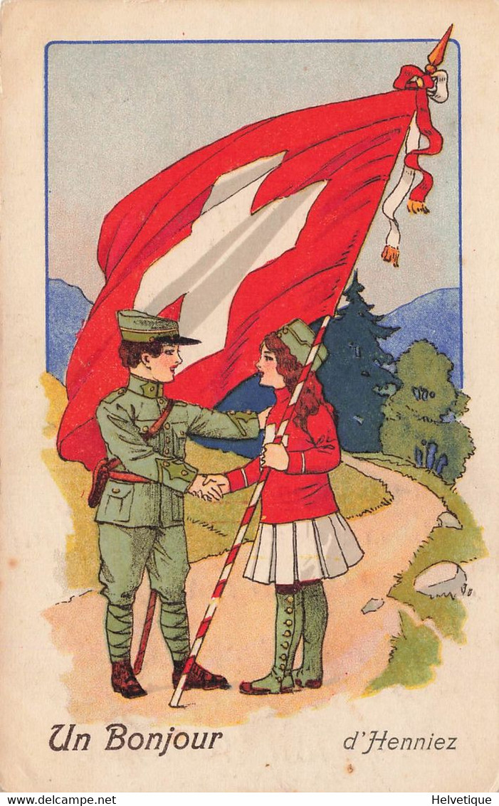 Un Bonjour D'Henniez - Armée Suisse Schweizer Armee Militaria Drapeau Suisse Officier - Henniez