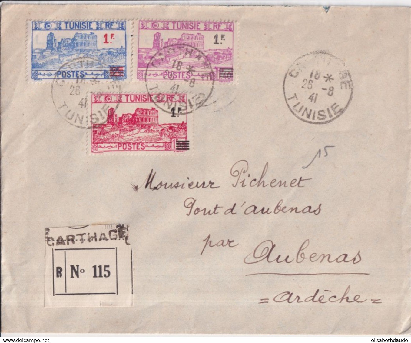 TUNISIE - 1941 - SERIE SURCHARGEE / ENVELOPPE RECOMMANDEE De CARTHAGE => AUBENAS - Briefe U. Dokumente