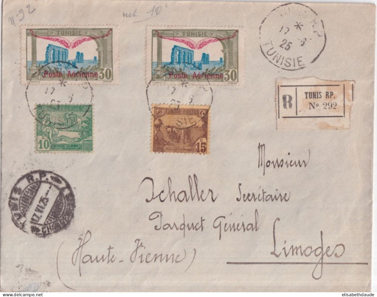 TUNISIE - 1925 -POSTE AERIENNE - ENVELOPPE RECOMMANDEE De TUNIS => LIMOGES - Storia Postale