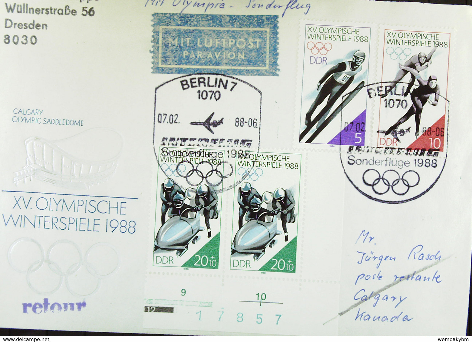 DDR: Lp-Brf Zu Den Olymp. Spielen 1988 Nach Calgary So-St. 1070 Berlin 07.02.88. Letzte Teilnahme Eines DDR-Teams Winter - Airmail