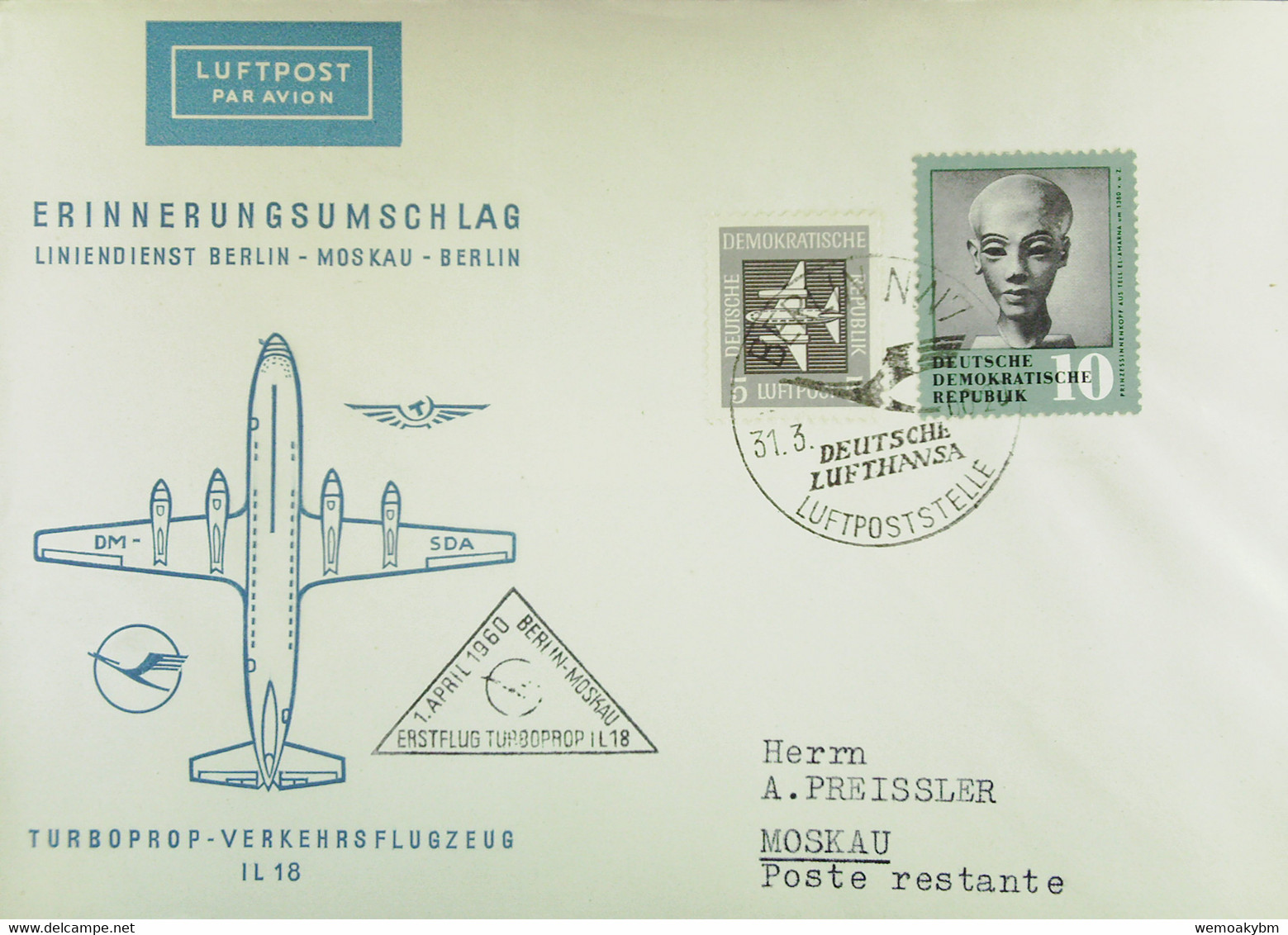 DDR: Luftpost-Brief "Erinnerungsumschlag Liniendienst BERLIN-Moskau Mit Turboprop-Flzg IL 18" BERLIN Vom 31.3.60 - Luchtpost