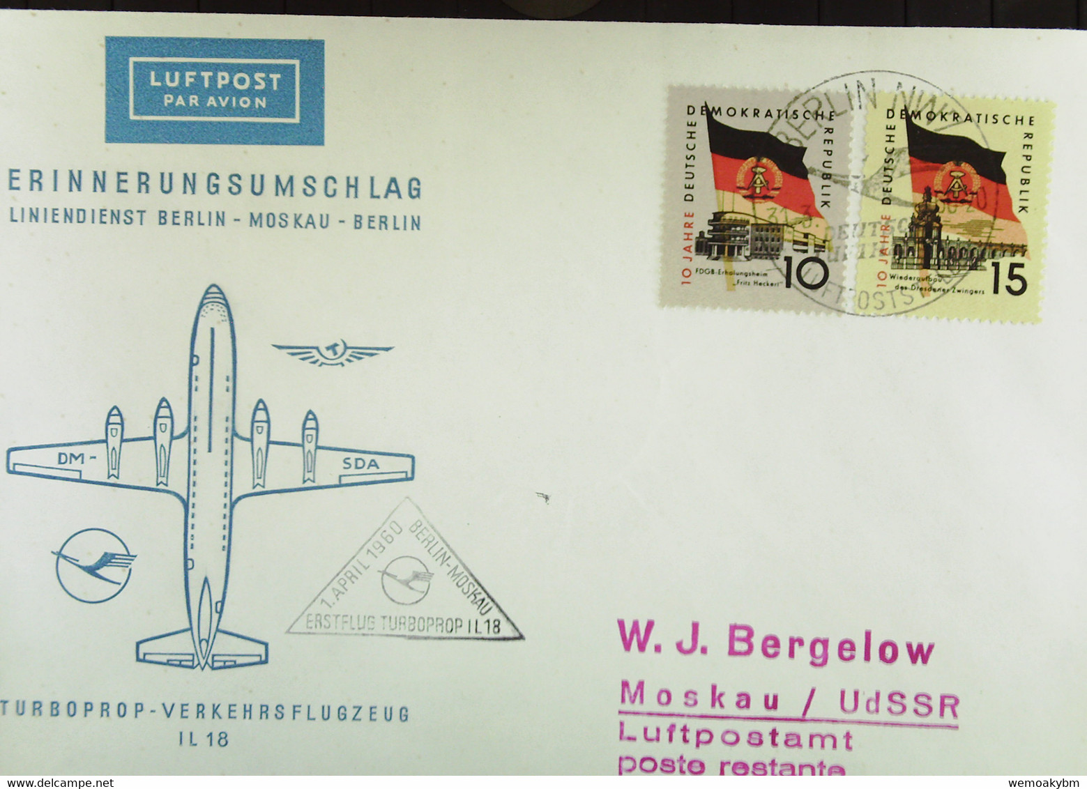 DDR: Luftpost-Brief "Erinnerungsumschlag Liniendienst BERLIN-Moskau Mit Turboprop-Flzg IL 18" BERLIN Vom 31.3.60 - Airmail