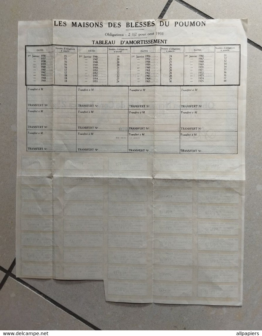 Obligation Nominative De Cent Francs 2 1/2 % N°006770 Les Maisons Des Blessés Du Poumons à Paris En 1931 - Other & Unclassified