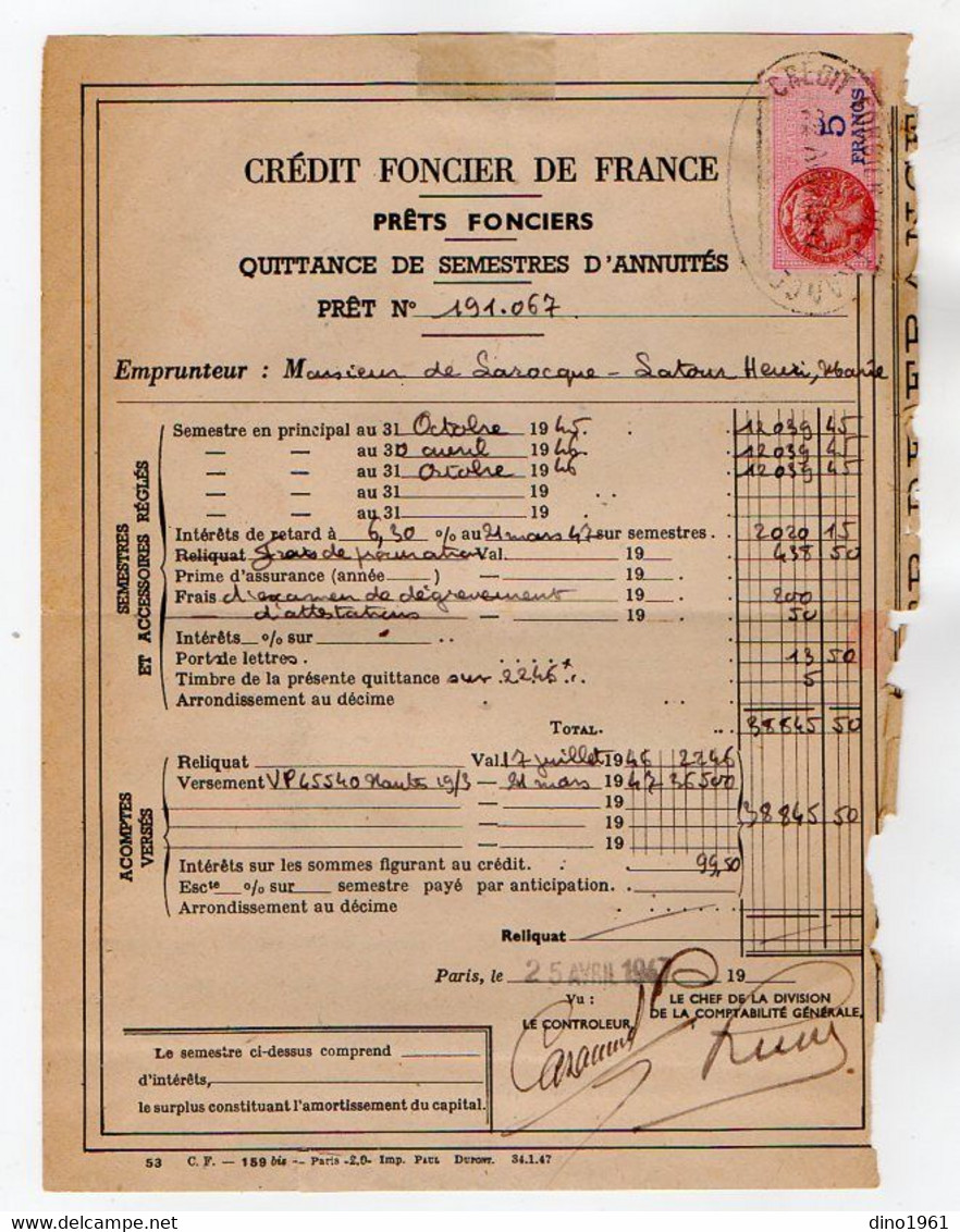 VP20.000 - PARIS 1947 - Quittance Du Crédit Foncier De France - Mr H. LAROQUE - LATOUR / Me HILLERITEAU Notaire à LUCON - Banque & Assurance