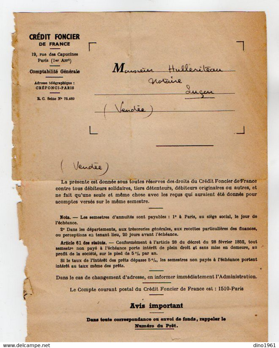 VP20.000 - PARIS 1947 - Quittance Du Crédit Foncier De France - Mr H. LAROQUE - LATOUR / Me HILLERITEAU Notaire à LUCON - Banco & Caja De Ahorros