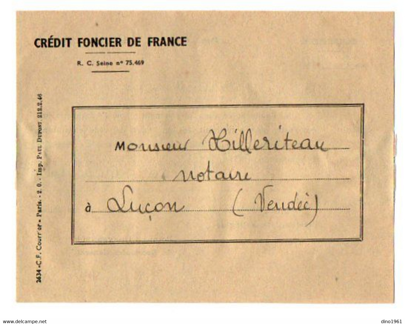 VP20.000 - PARIS 1947 - Quittance Du Crédit Foncier De France - Mr H. LAROQUE - LATOUR / Me HILLERITEAU Notaire à LUCON - Banque & Assurance