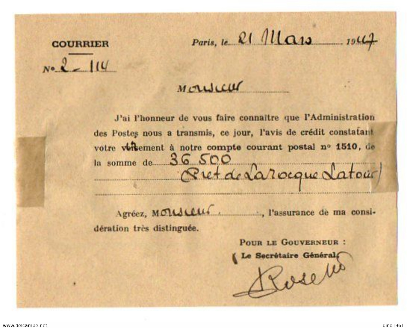 VP20.000 - PARIS 1947 - Quittance Du Crédit Foncier De France - Mr H. LAROQUE - LATOUR / Me HILLERITEAU Notaire à LUCON - Banque & Assurance