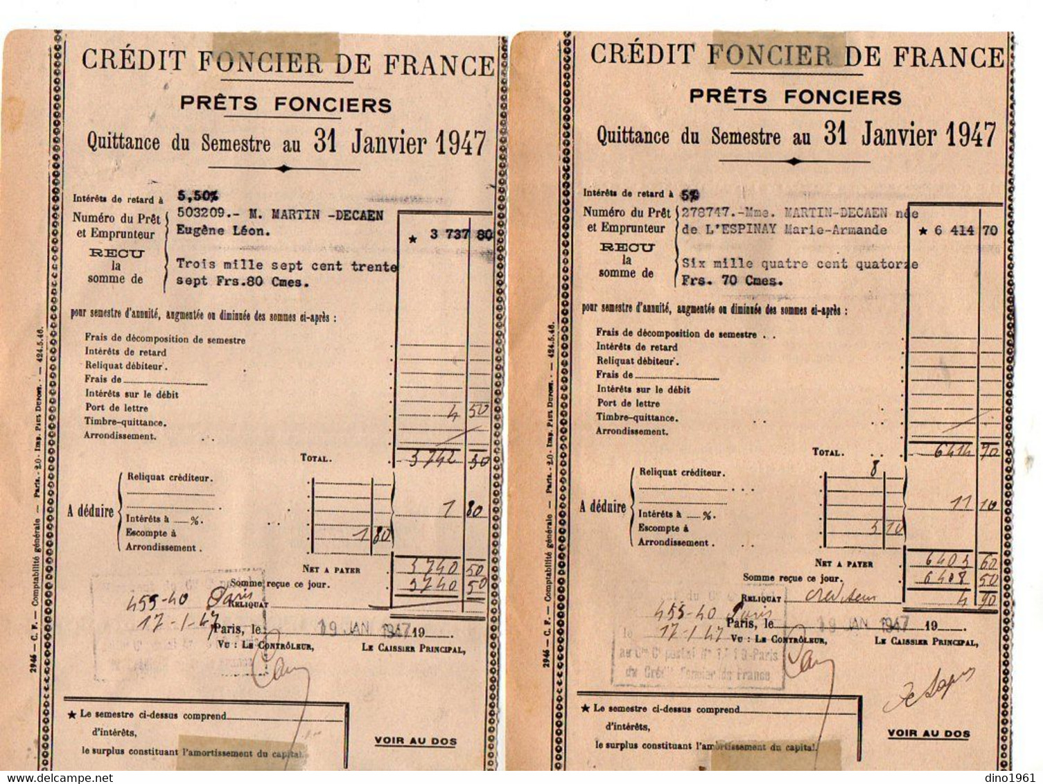 VP20.001 - PARIS 1946 /47 /48 - 4 Quittances Du Crédit Foncier De France - Mr GUERINEAU / Me HILLERITEAU Notaire à LUCON - Bank En Verzekering