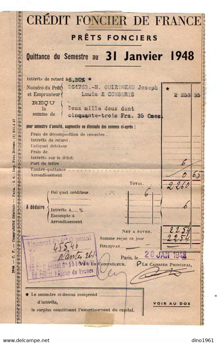 VP20.001 - PARIS 1946 /47 /48 - 4 Quittances Du Crédit Foncier De France - Mr GUERINEAU / Me HILLERITEAU Notaire à LUCON - Banco & Caja De Ahorros