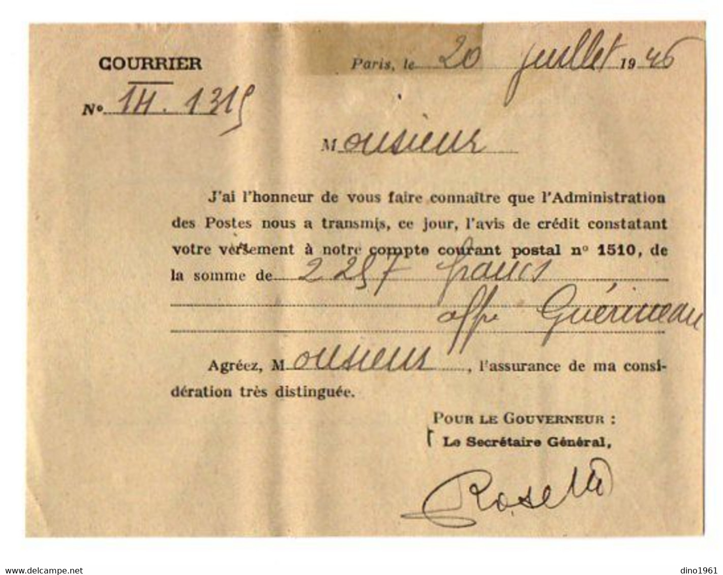 VP20.001 - PARIS 1946 /47 /48 - 4 Quittances du Crédit Foncier de France - Mr GUERINEAU / Me HILLERITEAU Notaire à LUCON