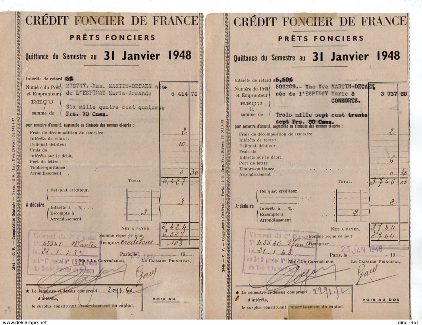 VP20.002 - PARIS X LUCON 1948 - 2 Quittances Du Crédit Foncier De France - Mme MARTIN - DECAEN Née De L'ESPINAY - Banco & Caja De Ahorros