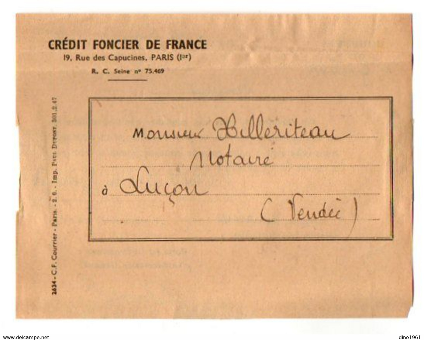 VP20.002 - PARIS X LUCON 1948 - 2 Quittances Du Crédit Foncier De France - Mme MARTIN - DECAEN Née De L'ESPINAY - Banco & Caja De Ahorros