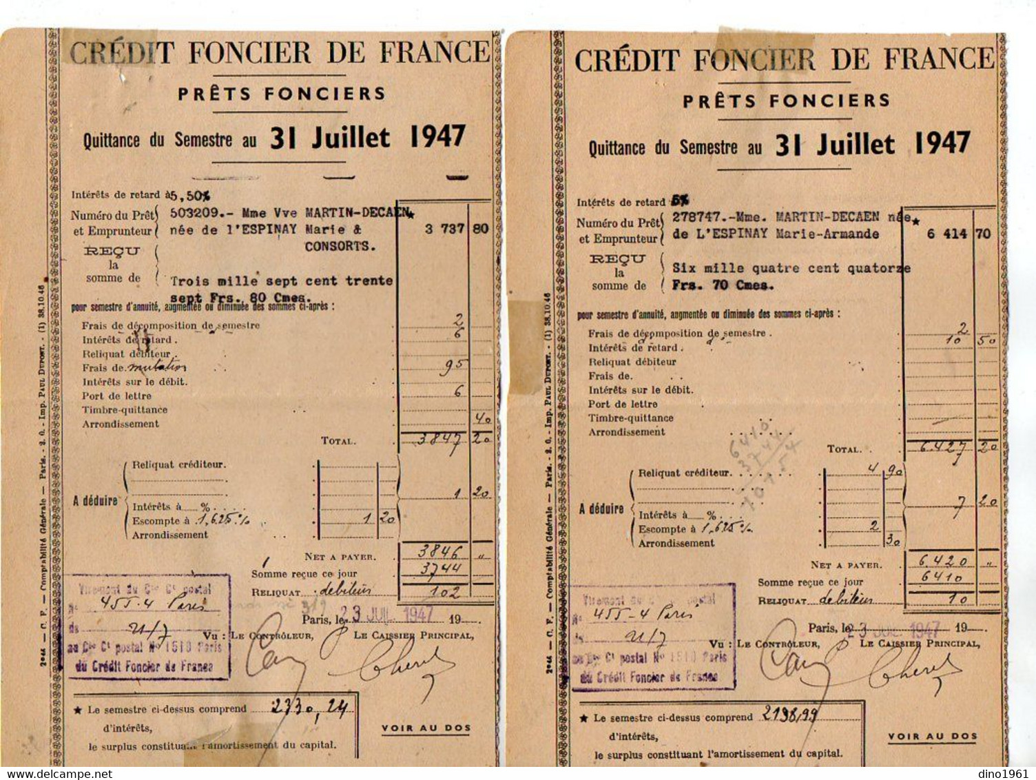 VP20.003 - PARIS X LUCON 1947 - 4 Quittances Du Crédit Foncier De France - Mme MARTIN - DECAEN Née De L'ESPINAY - Banco & Caja De Ahorros