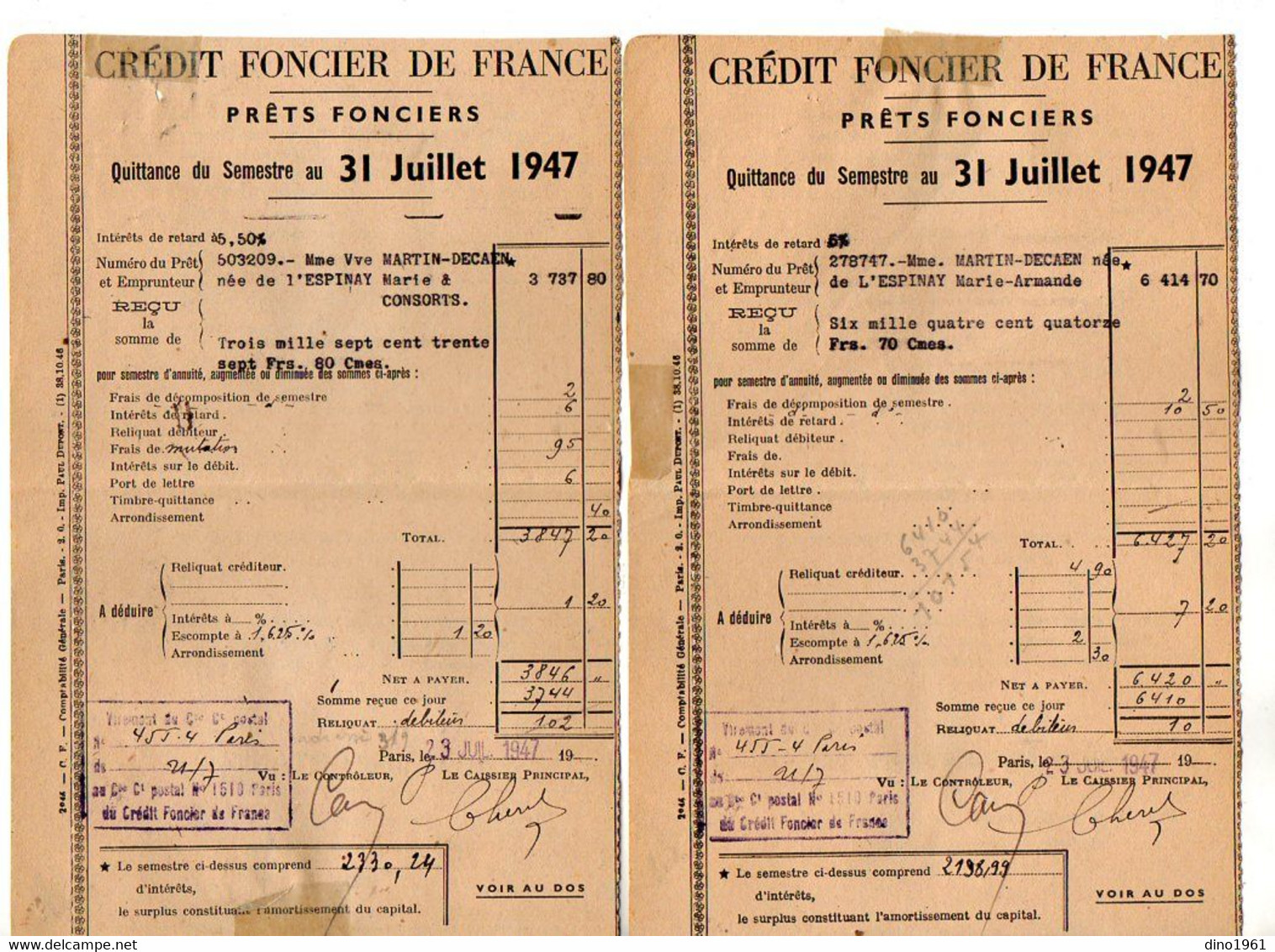 VP20.003 - PARIS X LUCON 1947 - 4 Quittances Du Crédit Foncier De France - Mme MARTIN - DECAEN Née De L'ESPINAY - Banco & Caja De Ahorros