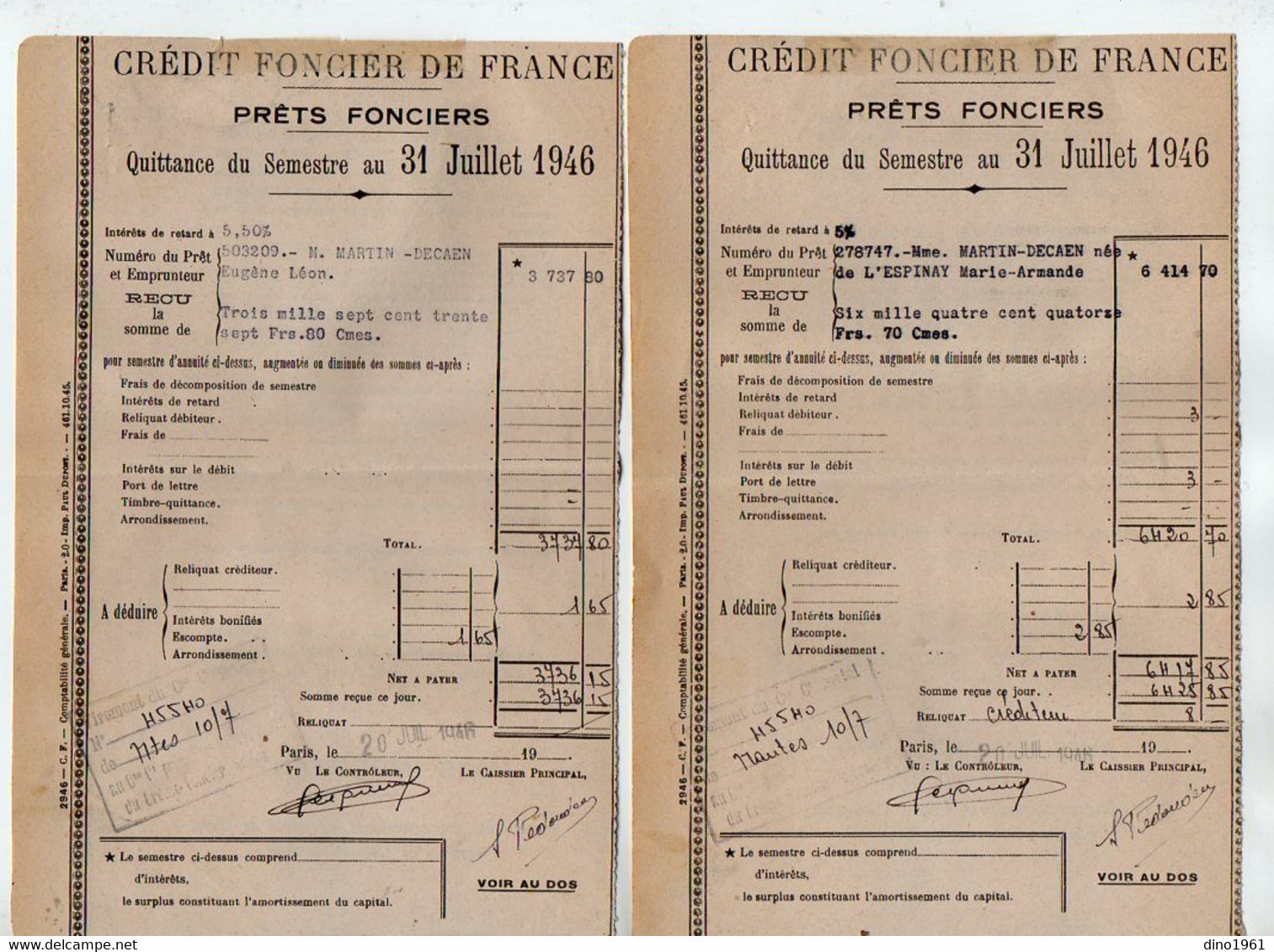 VP20.004 - PARIS X LUCON 1946 - 2 Quittances Du Crédit Foncier De France - Mme MARTIN - DECAEN Née De L'ESPINAY - Banque & Assurance