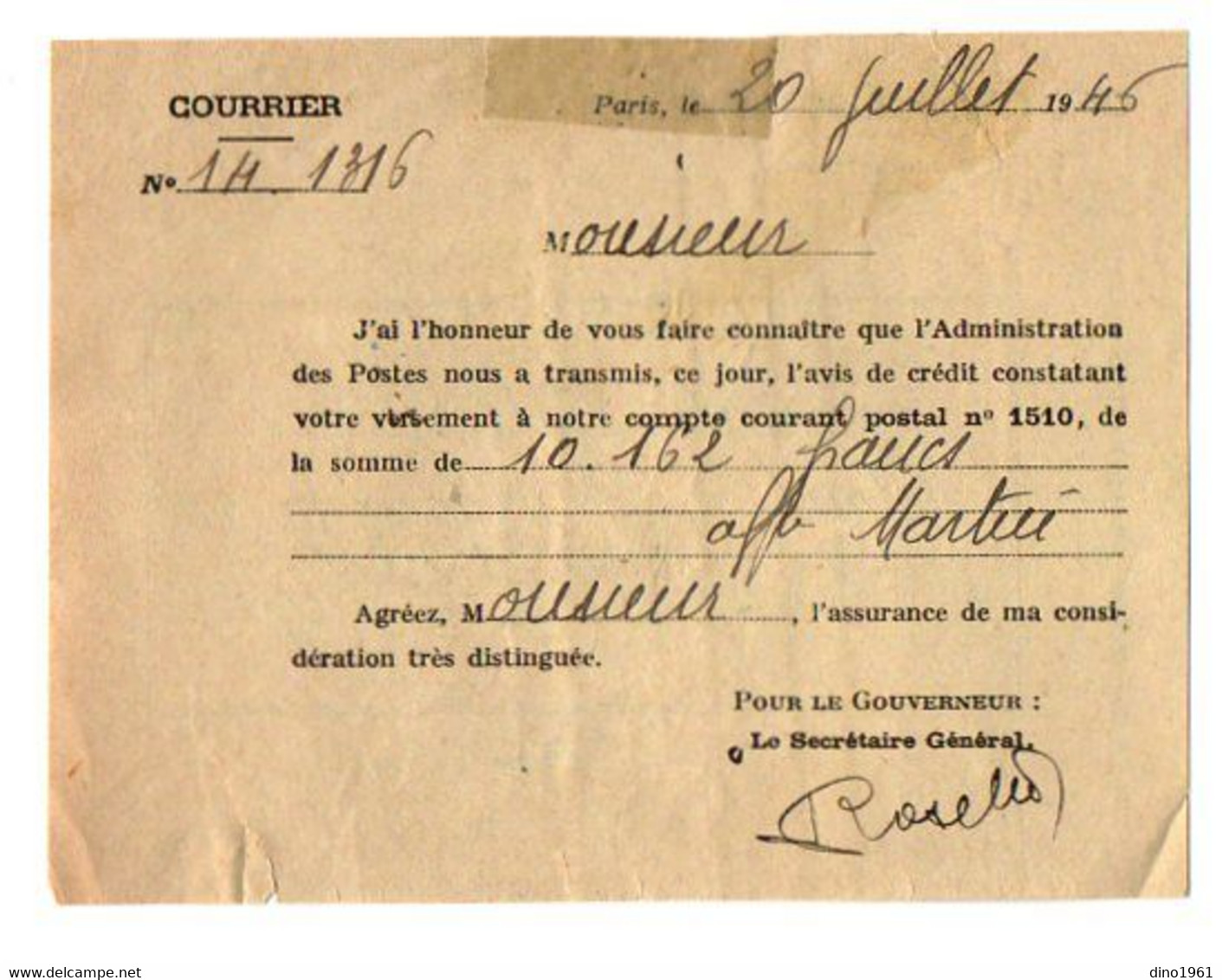 VP20.004 - PARIS X LUCON 1946 - 2 Quittances Du Crédit Foncier De France - Mme MARTIN - DECAEN Née De L'ESPINAY - Banque & Assurance