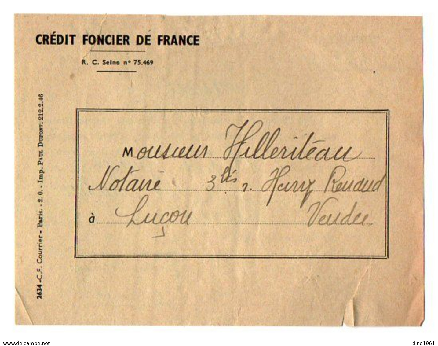 VP20.004 - PARIS X LUCON 1946 - 2 Quittances Du Crédit Foncier De France - Mme MARTIN - DECAEN Née De L'ESPINAY - Banque & Assurance