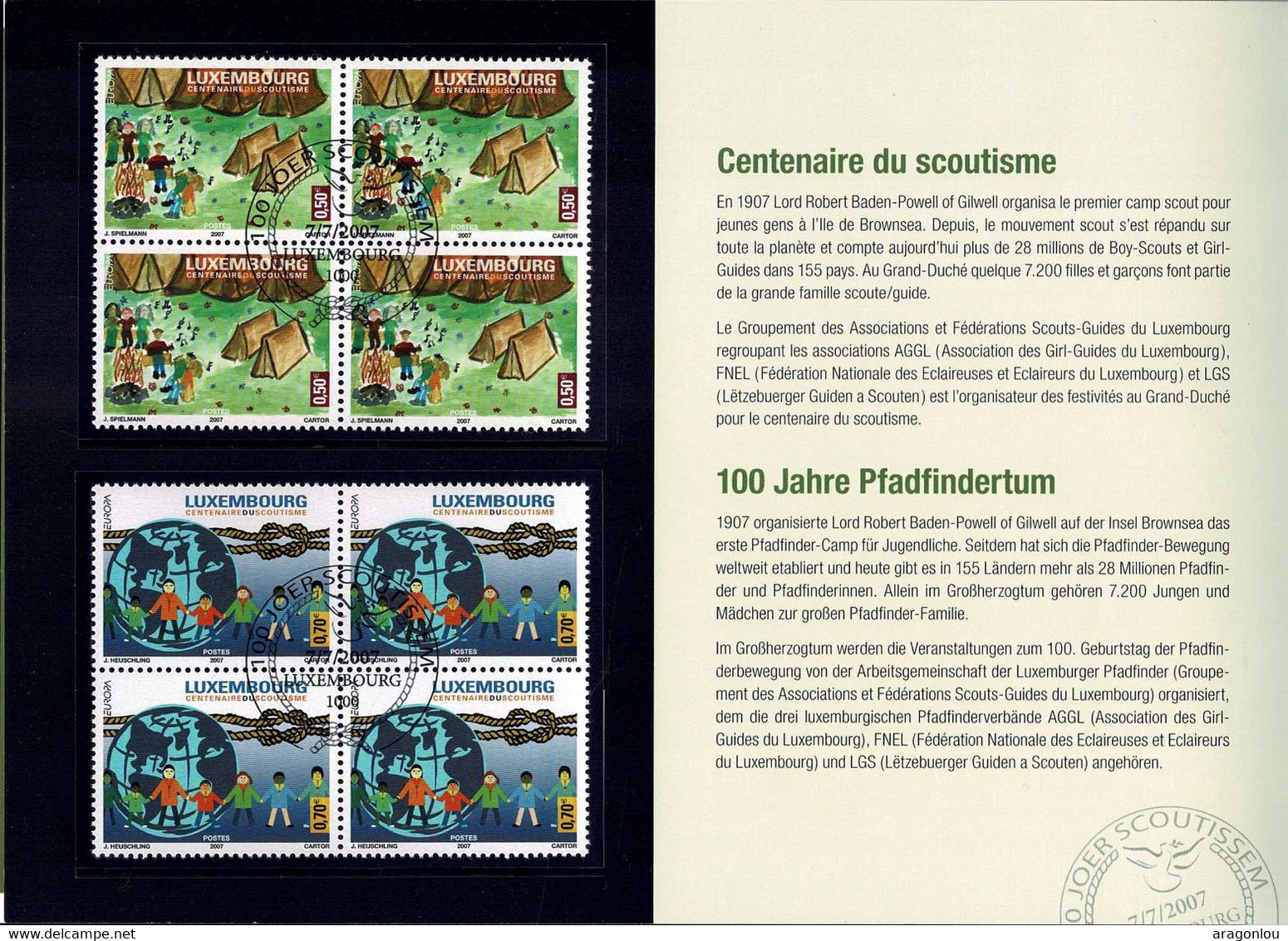 Luxembourg Luxemburg 2007 Carnet Centenaire Du Scoutisme Cachet Spécial / 3 Scans - Booklets