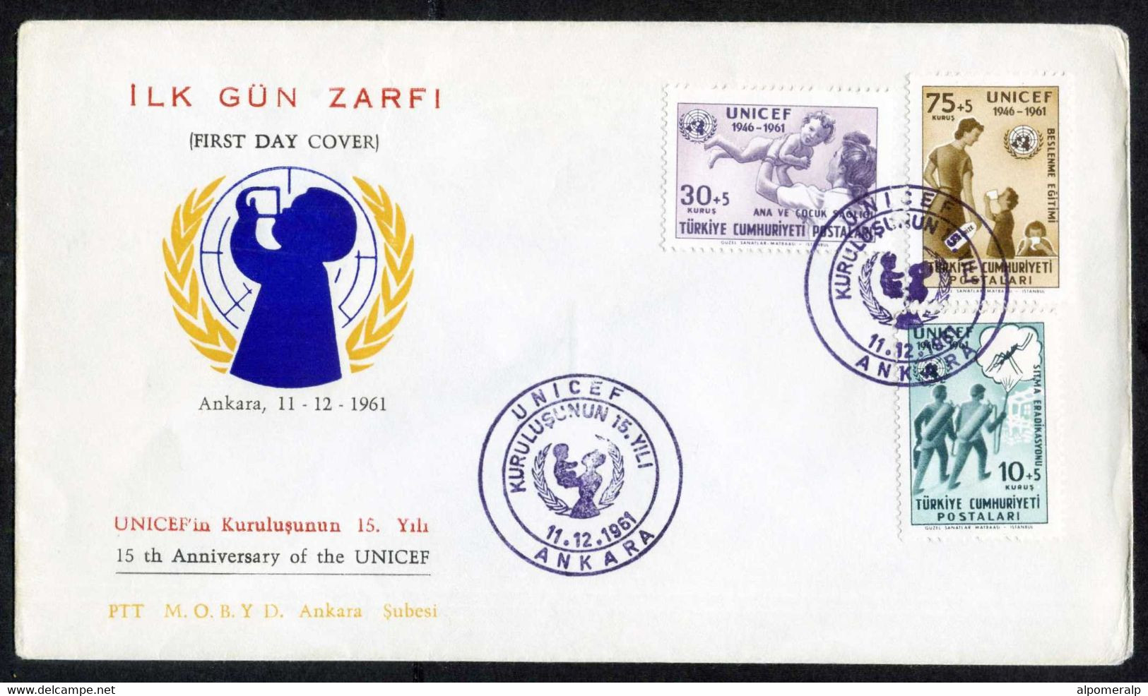 Türkiye 1961 UNICEF, 10th Anniv | Anti-Malaria Work, Mother And Infant, Distributing Pasteurize Milk Mi 1827-1829 FDC - Lettres & Documents