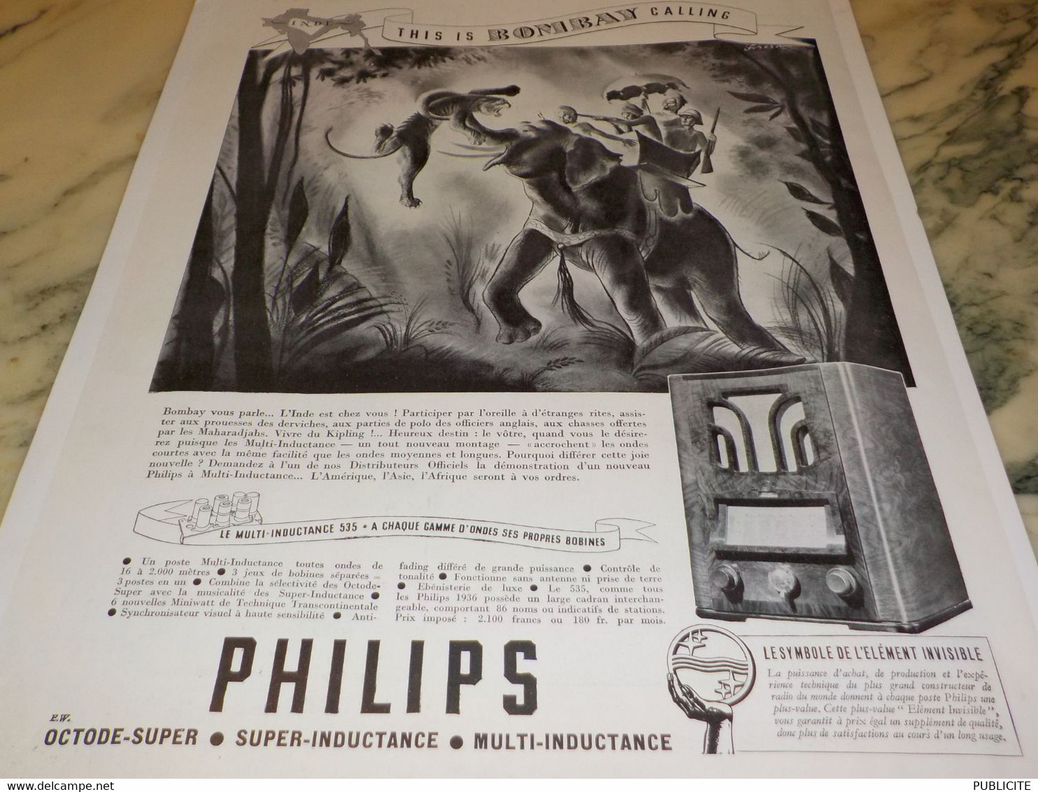 ANCIENNE PUBLICITE THIS IS BOMBAY CALLING TSF PHILIPS 1935 - Otros & Sin Clasificación